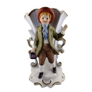 Vintage Colonial Boy 6” Figurine Vase Scalloped Hand Painted Porcelain Figural